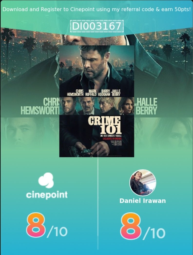 Feel like a lesser Heat in the veins of Michael Mann's old style suspense - code of morals among cop, crook and systems, #Crime101 nevertheless had quite a thrilling ensemble led by Thor and Hulk backed up by Storm, Joker and err... "Phoenix" 😄