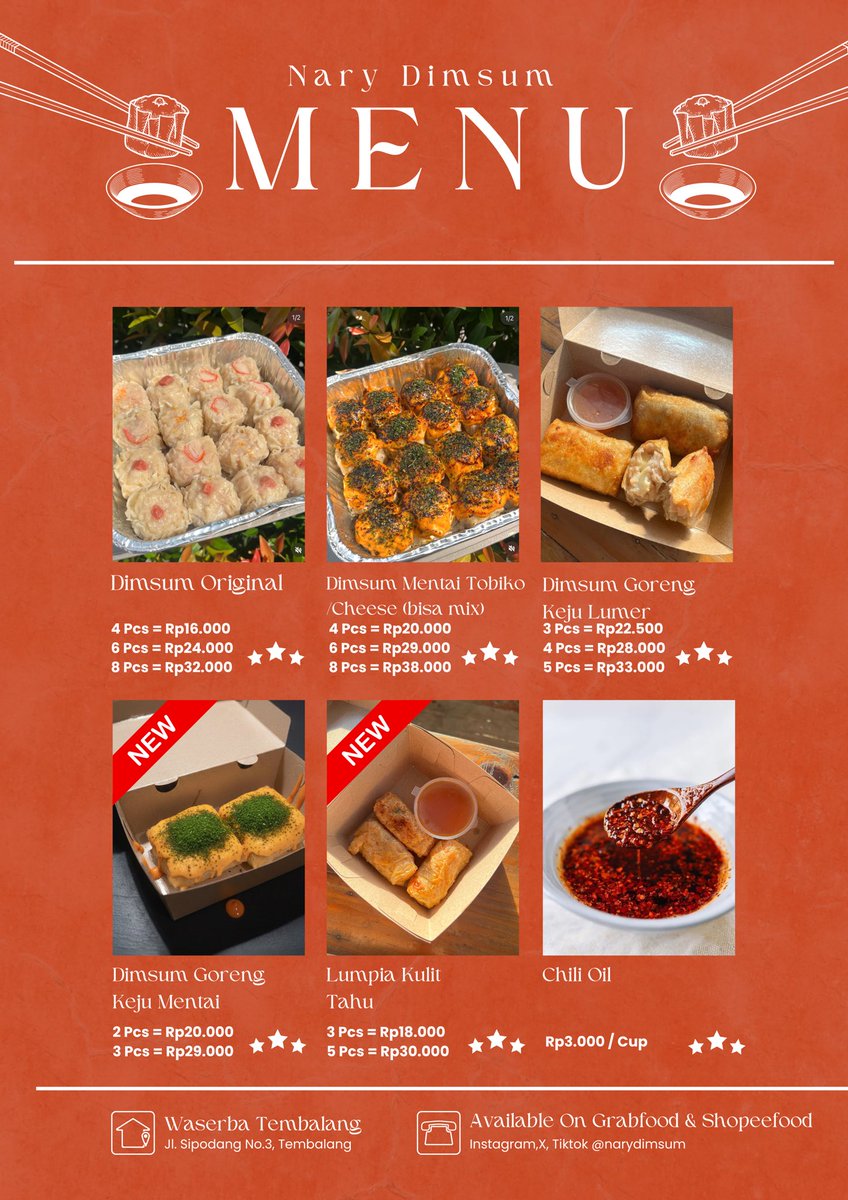 NaryDimsum's tweet photo. Menu Nary Dimsum
ada menu baru loh dimgor keju mentai dan lumpua kulit tahu

selama ramadhan open 13.00-22.00 WIB di Waserba Tembalang

Available on Grabfood &amp; Shopeefood https://t.co/kRvt5Yt3by