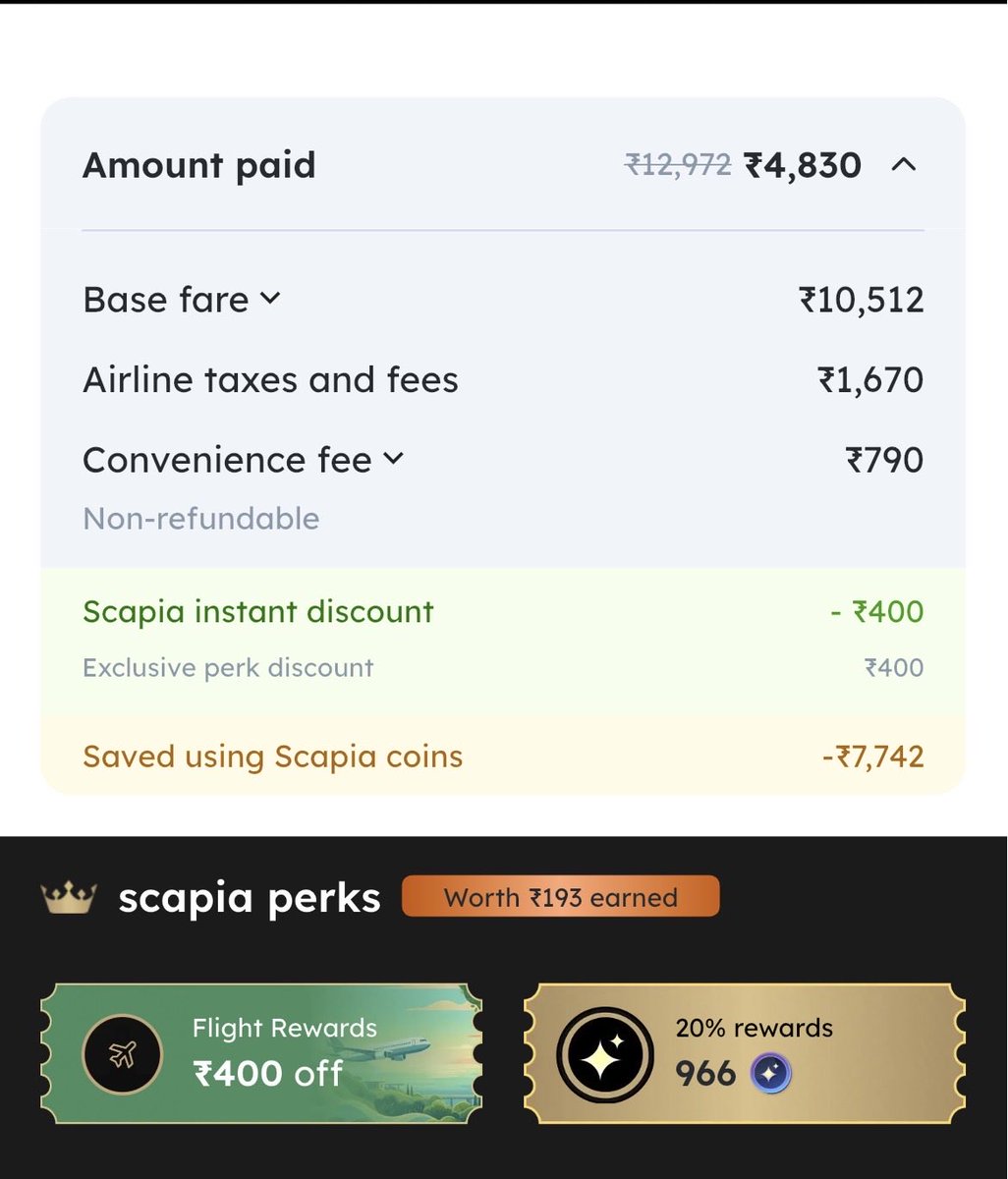 sanchit_atri's tweet photo. Massive savings thanks to @getscapia! ✈️💳 Just booked a flight for 2 people for ONLY ₹4,830! 🤯
• ₹7,742 discount (Scapia coins)
• ₹400 extra off
• ₹193 cashback
Now waiting for my new iPad to be delivered! @CardMavenIn @CardNiti #ccgeeks 
Apply- https://t.co/Op2jSnqCkr https://t.co/5ftPtgecqZ