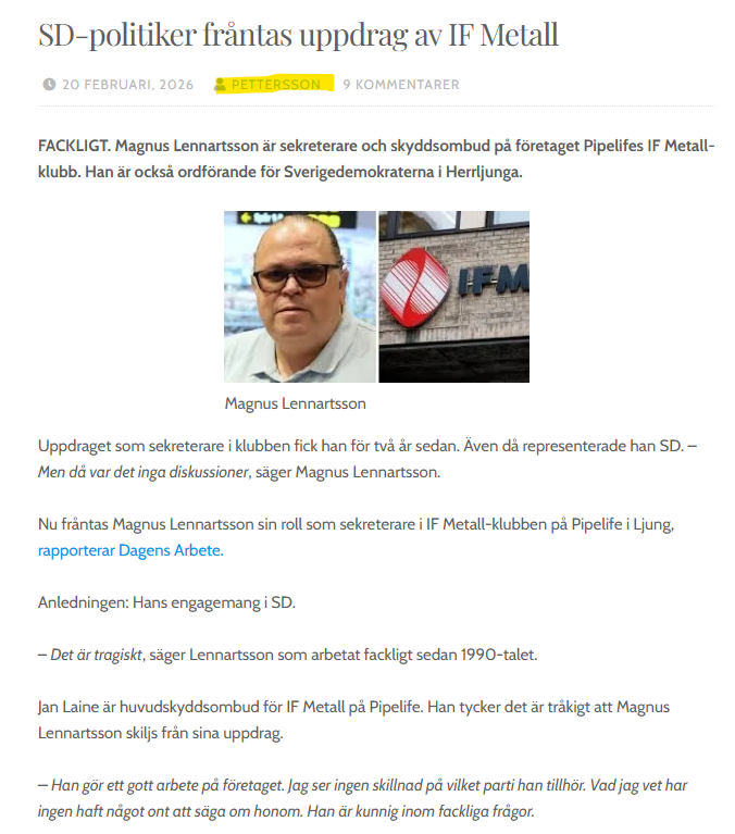 Stort_allvar's tweet photo. Pettersson:
Enligt IF Metall är ett förtroendeuppdrag för SD inte förenligt med fackets grundläggande värderingar om alla människors lika värde.

-Pettersson noterar att IF Metall tycker det är förenligt med fackets grundläggande värderingar om alla människors lika värde att utesluta människor för deras åsikter.

Detta är en av flera anledning till att IF Metall tappar medlemmar.