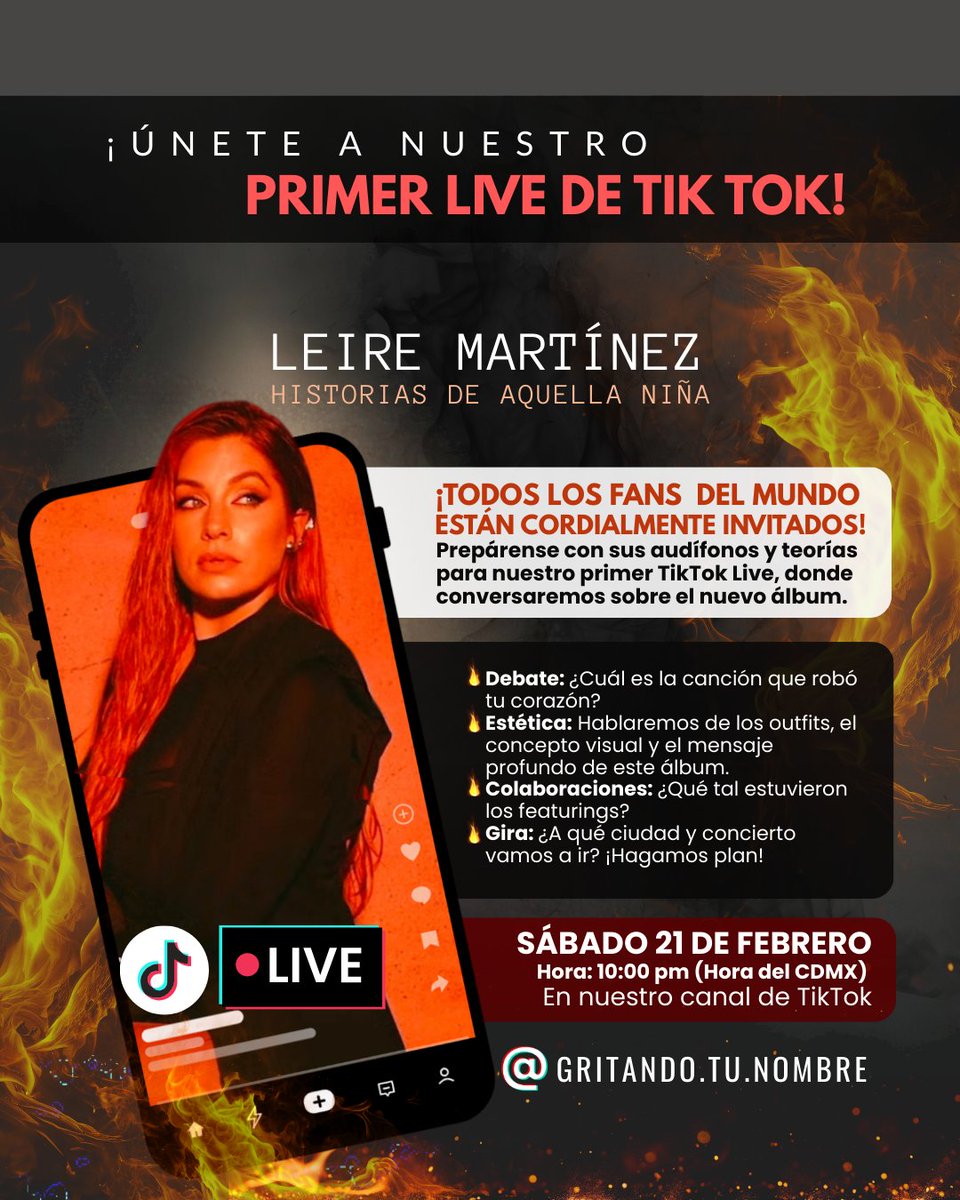 ¡El momento de reunirnos llegó! 🎤✨ Únete al 1er LIVE de Gritando Tu Nombre. Celebremos el debut de Leire Martínez: #HistoriasDeAquellaNiña. 💿 Comentaremos canción por canción y compartiremos el sentimiento. ¡Te esperamos!
​#LeireMartínez #GritandoTuNombre #Musica #Live