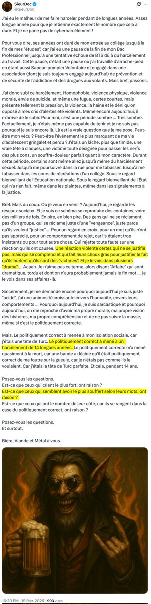 Parler de 14 ans de harcèlement <a href="/SieurDoc/">SieurDoc</a>, pour invalider des victimes de doxxing, d'AVF, d'infarctus, de tentatives de suicide et d'hospitalisations n'est pas du courage, mais des paroles de lâche.

Présent au live de <a href="/clakeosol/">Clakéosol</a> et des deux co-animatrices <a href="/CaptainBabos/">Captain Babos 🏴‍☠️</a> et