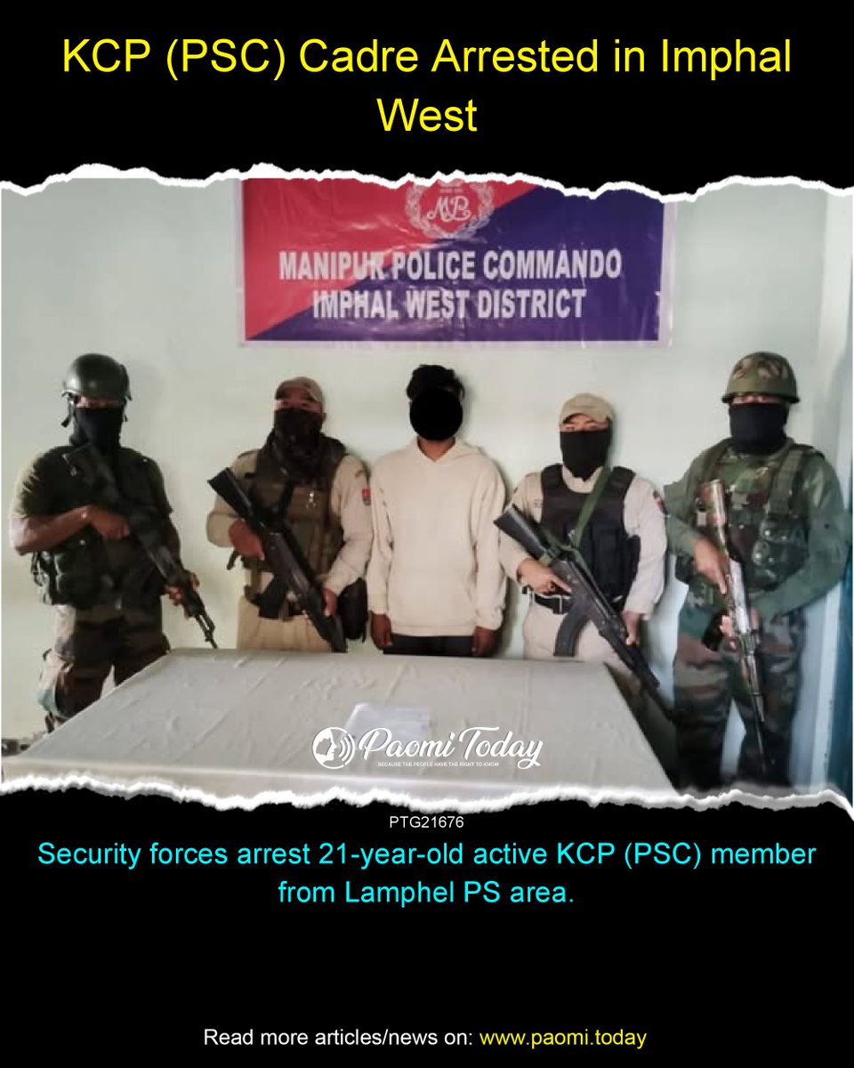 Security forces arrested an active cadre of KCP (PSC), Chanambam Henba Singh alias Lanchenba (21), from Tera Lukram Leirak under Lamphel PS, Imphal West district.

#Manipur #DigitalManipur #PaomiToday #Paomi #ManipurNews #ImphalWest #LamphelPS #KCPPSC #SecurityForces #Arrest