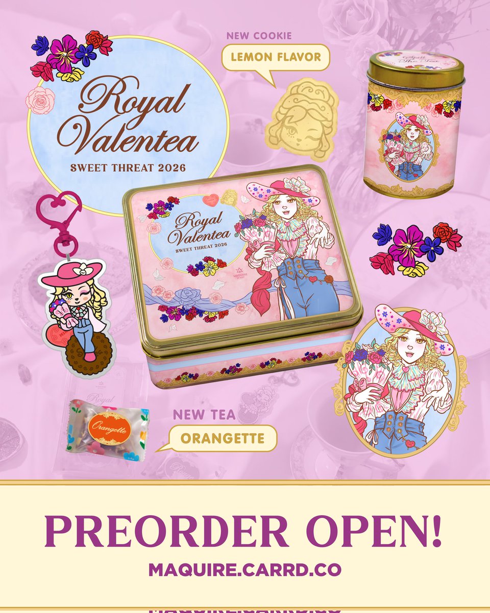 [RT&amp;Share!] Preorder Valentea Maquire buka lagi guis 💕✨️

Kali ini ada desain baru, lineup flavor cookies dan teh baru kolaborasi dengan brand lokal~

Bisa cek PL &amp; order di maquire.carrd.co sampai 1 Mar aja!

Detail dibawah :
