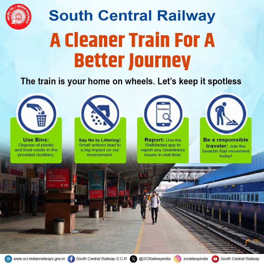 drmhyb's tweet image. 🚆✨Clean Trains. Better Journeys.
A train is more than transport. It’s your home on wheels. Let’s keep it spotless and comfortable for everyone.
✔ Use the dustbins provided for plastic and food waste.
#CleanTrains
#BetterJourney
#SmartTravel
#RailwayAwareness
#IndianRailways