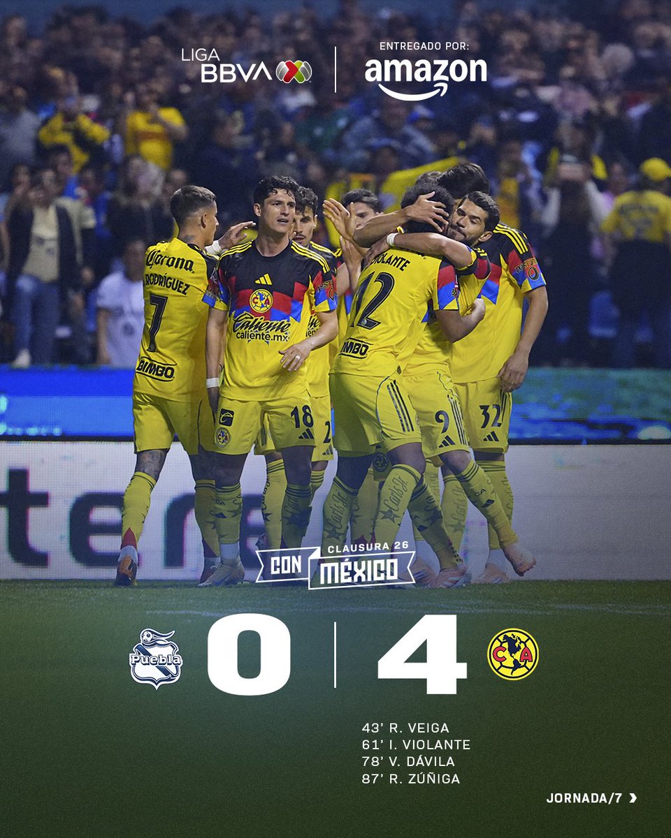 El <a href="/ClubAmerica/">Club América</a> venció al <a href="/ClubPueblaMX/">Club Puebla🎽</a> en partido de la Fecha 7 del #C26