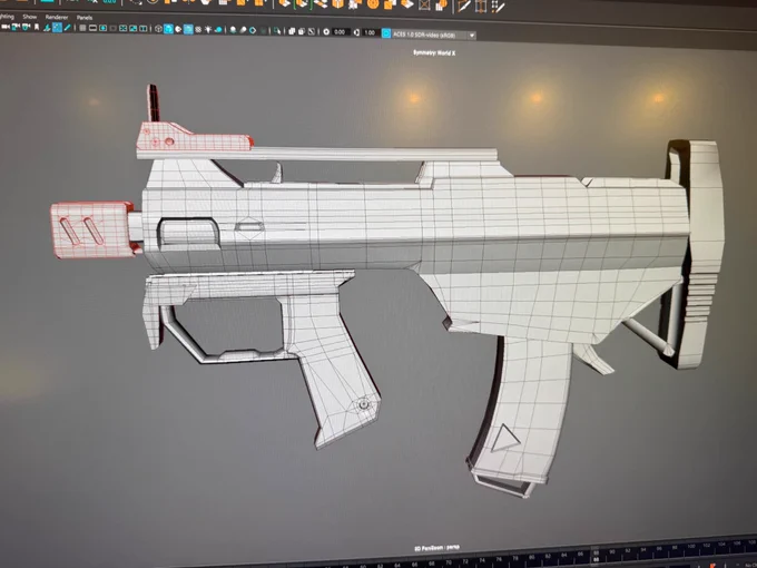 Modeling a gun based on reference I found on artstation! Red wireframe is complete. Brown is WIP just there for shape Concept by: MG (link: