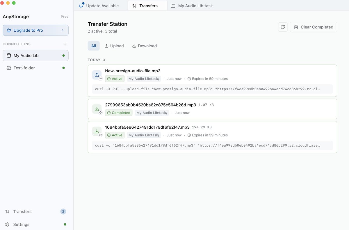 anystoragedev's tweet photo. Anystorage v0.2.6 is out 🚀
Introducing Transfer Station — easier way to manage and track your upload/download history in one place.
Also added Presigned Upload &amp; Download so you can securely operate storage from remote environments

Update now: https://t.co/apQJC4zxGt https://t.co/Ga09mXup1l