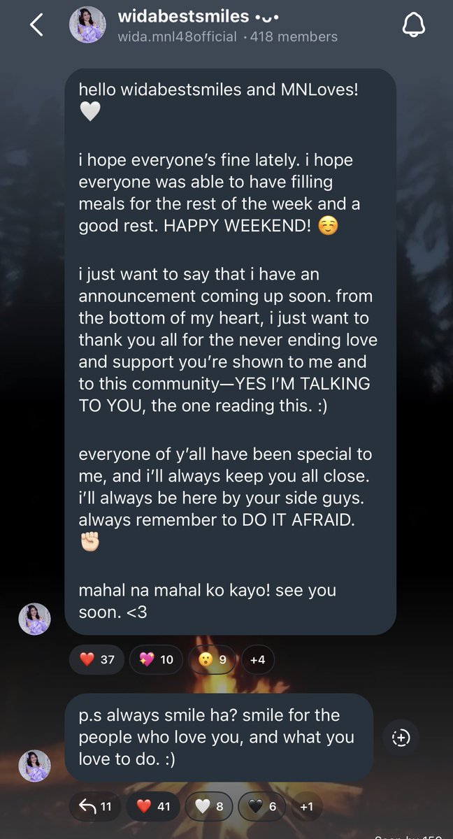An announcement is coming…

MNL48 Wida shares a heartfelt message to fans, thanking everyone for the endless love and support and reminding us to “Always Smile.” 🎀

Whatever it is, we’ll be here for you always. Mahal ka namin, Wida! 🥺

#MNL48Wida 
#MNL48