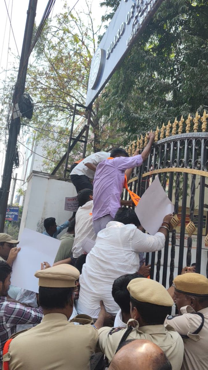 Karyakartas of ABVP Telangana staged a  protest at the Intermediate Education Board office in Nampally, raising their voice against the injustice faced by several Intermediate students. These students were reportedly denied hall tickets due to the negligence and administrative