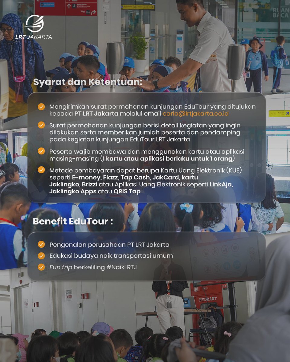 lrtjkt's tweet image. EduTour LRT Jakarta🚆🥳 
Siapa bilang belajar harus selalu di kelas? 
Yuk, belajar bersama LRT Jakarta!

EduTour ini terbuka untuk seluruh pelajar di Indonesia, lho! Mulai dari jenjang PAUD (Pendidikan Anak Usia Dini) hingga Universitas🤩

#NaikLRTJ #LRTJ #DKIJakarta