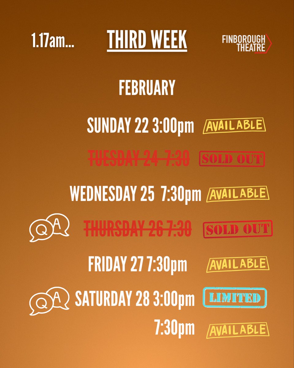 We’ve got an exciting week for 1.17am...

Tuesday 24 - sold out
Wednesday 25 - availability
Thursday 26 - sold out for post-show q&amp;a with Dr Meherangiz Press
Friday 27 - availability
Saturday 28 
Afternoon - tickets going fast for post-show q&amp;a with <a href="/deldridgewriter/">David Eldridge 💙</a>