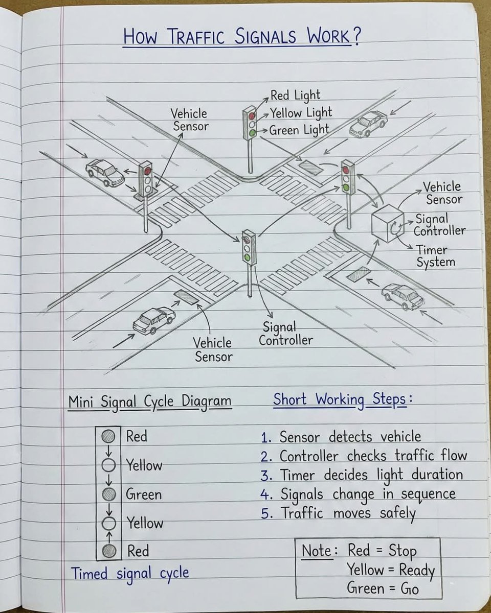 skglearning's tweet image. Traffic Signals – Sensor + Timer Based System

Vehicle sensors detect traffic flow.
A signal controller and timer system decide light duration.
Lights change in sequence (Red → Yellow → Green) to ensure safe movement at intersections.

#TrafficSignals #RoadSafety #SmartCity