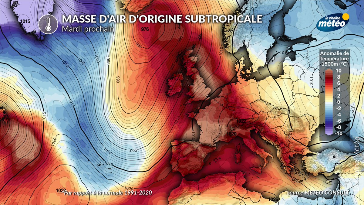 lachainemeteo's tweet photo. 🌡️Mardi et mercredi prochain, ce sera le #printemps 😎en France. De l'air #subtropical envahira toute la France. Les températures afficheront par endroits un niveau de début de mois de mai, voire de #juin dans le sud-ouest ! En montagne, la #neige ❄️va entamer une fonte rapide en dessous de 1500 mètres.