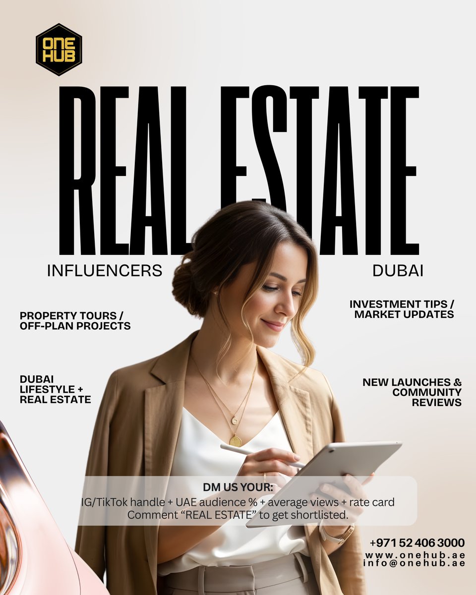 Onehub_ae's tweet photo. Looking for Dubai Real Estate Influencers to collaborate on property tours, investment tips, Dubai lifestyle content, and new launch/community reviews.

DM your IG/TikTok handle, UAE audience %, avg views &amp; rate card.
📞+91 98114 75519 |🌐https://t.co/WYFZWsioIR |📧info@onehub.ae https://t.co/qNDAHx2HA7