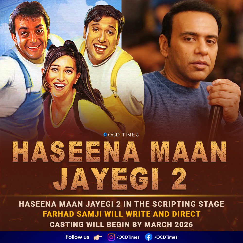 ocdtimes's tweet photo. Producer #SmitaThackeray is keen to make a sequel to #HaseenaMaanJayegi (1999). She has signed Farhad Samji to write and direct the film.
.
The makers were earlier keen to make it with #DavidDhawan, but the veteran filmmaker was not too keen to remake another of his films after #Judwaa and #CoolieNo1. Farhad has come on board after seeking the blessings of David Dhawan.
.
The original film starred #SanjayDutt, #Govinda, #KarismaKapoor, #PoojaBatra, #KaderKhan #PareshRawal #AnupamKher, #SatishKaushik, #ArunaIrani and others.
.
#OCDTimes #FarhadSamji #HaseenaMaanJayegi2