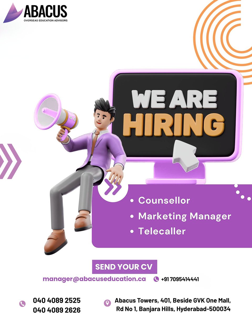 abacus_groups's tweet image. 🚨 WE ARE HIRING! 🚨

Ready to build your career in the overseas education industry? 🌍
Join Abacus Overseas Education Advisors and grow with a dynamic, fast-growing team!
✨ Open Positions:
• Counsellor
• Marketing Manager
• Telecaller

📍 Location: Banjara Hills, Hyderabad