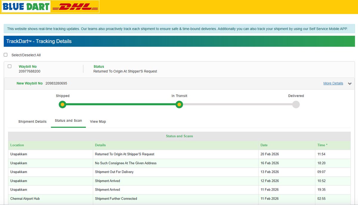 mpkash1986's tweet image. Extremely disappointing service from @BlueDart_Official. My courier has been stuck at Urapakkam for 10 days — Madambakkam is just 13 minutes away!
False delivery remark updated.

#BlueDart #CourierIssue #hdfcbank
@HDFC_Bank @hdfc_regalia @BlueDart_ @BlueDartCares