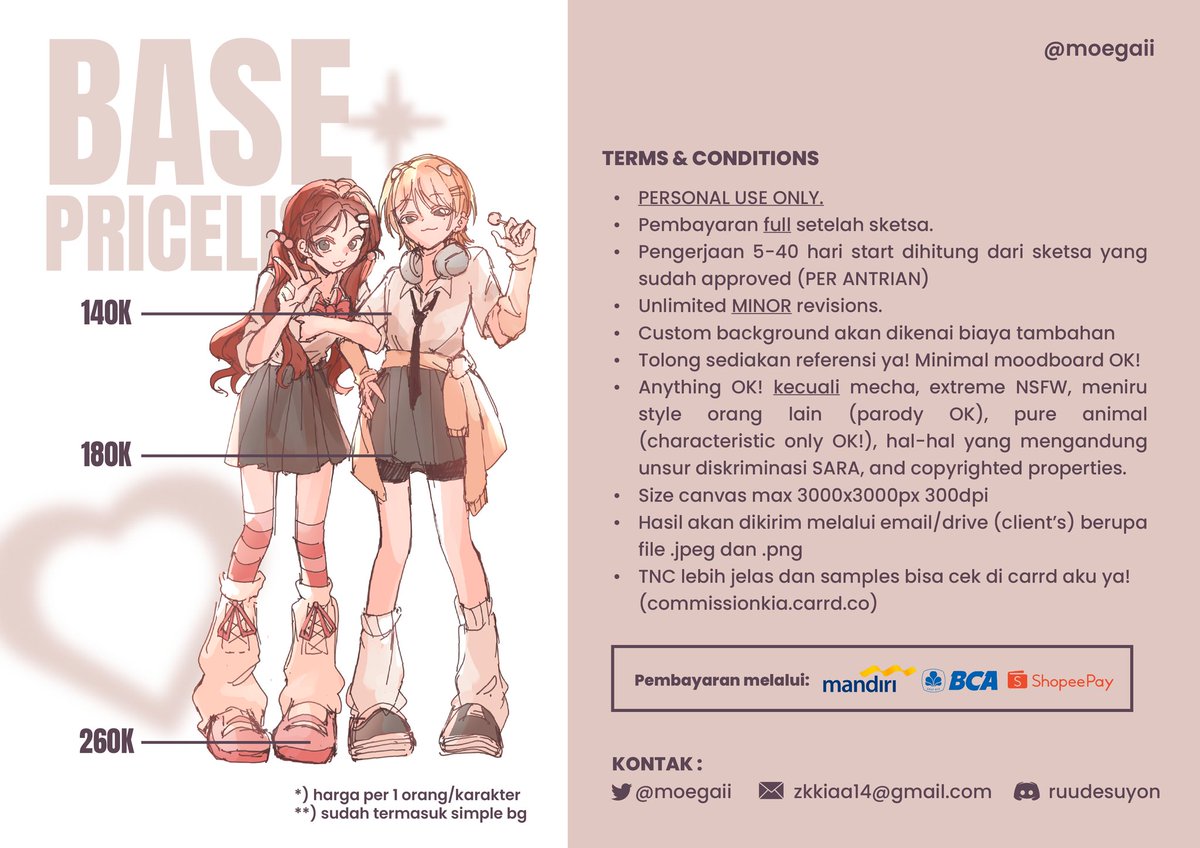 Like &amp; RT sangat diapresiasi ✨💐

Aku buka (local only) #commission slot lagi untuk bulan Feb-Maret yah 🫶 bisa langsung DM apabila tertarik ^^ (tolong mention kalo lama ngga dibalas ya T_T)

More info dan kontak lain bisa dicek di commissionkia.carrd.co terimakasih banyak!!