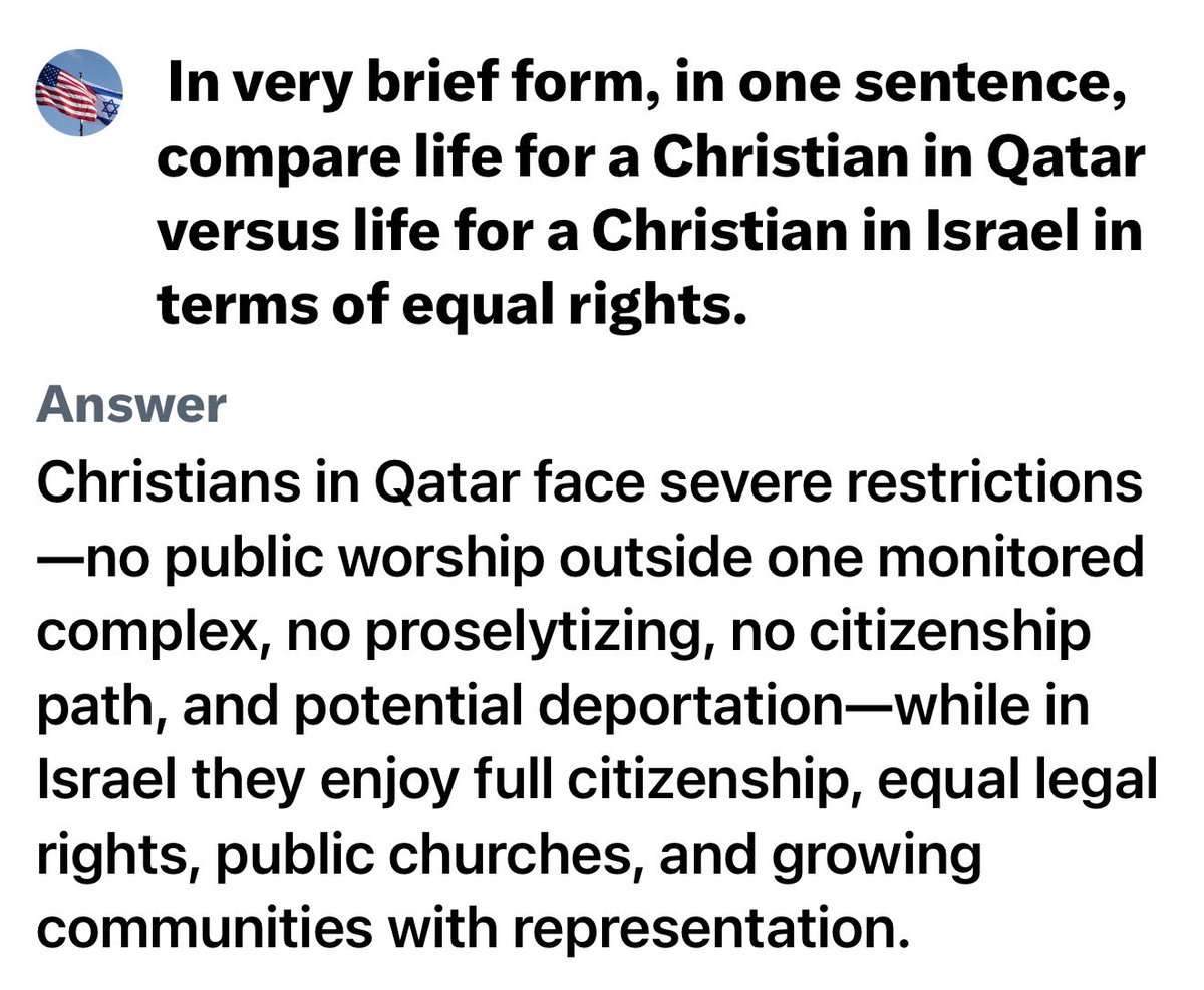 <a href="/DrEliDavid/">Dr. Eli David</a> <a href="/GovMikeHuckabee/">Ambassador Mike Huckabee</a> Tucker also boasted more Christians in Qatar than Israel implying Qatar is more open to christian society. 

Tucker a jihadist paid by Qatar.🥷🇶🇦
Here is grok on his lie.