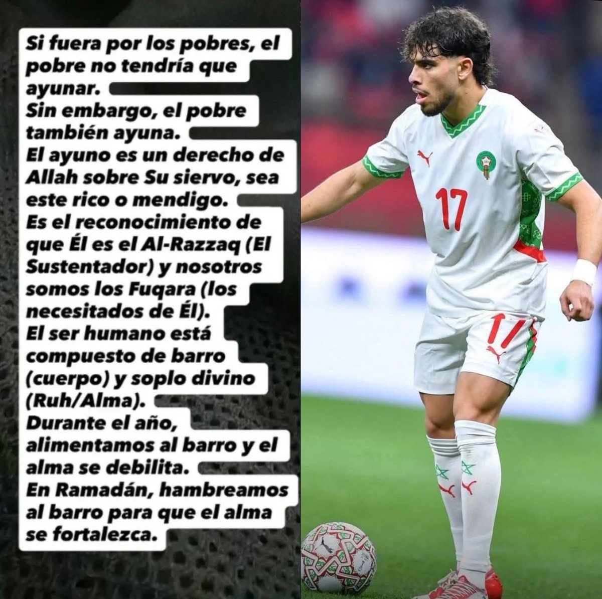 mohamedelgazar4's tweet photo. اللاعب المغربي عبد الصمد الزلزولي ونجم ريال بيتيس عبر حسابه على إنستجرام 📲🇲🇦

▫️لو كان الأمر بيد الفقراء، لما توجب على الفقير أن يصوم.

▫️ومع ذلك، فإن الفقير يصوم أيضاً.

▫️الصيام هو حق لله على عبده، سواء كان غنياً أو متسولاً. 

▫️إنه اعتراف بأنه هو الرزاق (المُعيل) ونحن الفقراء (المحتاجون إليه).

▫️الإنسان يتكون من طين (الجسد) ونفخة إلهية (الروح).

▫️خلال العام، نُطعم الطين فتضعف الروح.

▫️وفي رمضان، نُجوع الطين لكي تقوى الروح.