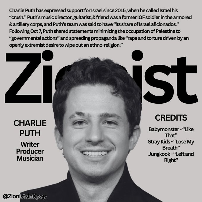 N_P_E_A's tweet photo. Charlie Puth is a z!onist and a d!sgusting person towards women,
But ofc armys will support whatever this is like they supported a collab with an ex iof mvrderer.
Like the way they will give Diplo the z!onist and alleged s3x offender the biggest h!t in his career, etc https://t.co/SBYsmCNx7m