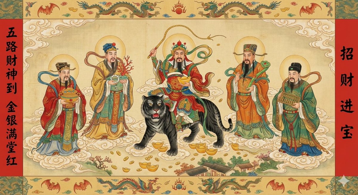 初五迎财神，喜事找上门
五路财神齐临门
顺风顺水单子准
八方来财仓位稳
新的一年财运滚滚来，正财偏财啥都来，来财，来！