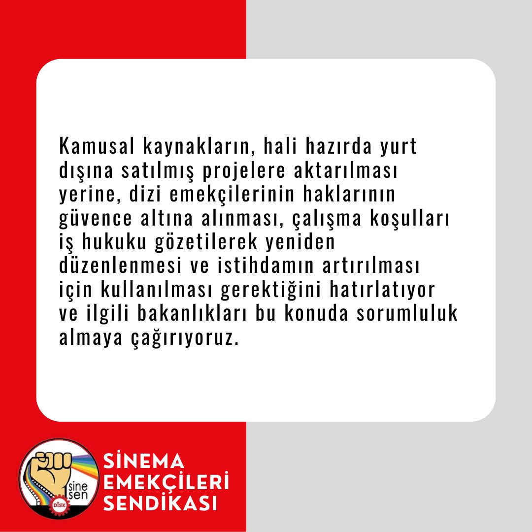 📢 Kültür ve Turizm Bakanı, dizi yapımcılarına teşvik sunacağını açıkladı.

Sektörde işsizlik tırmanırken kamu kaynakları yapımcıların karına değil; emekçinin istihdamına, güvenceli çalışma koşullarına ve haklarına ayrılmalıdır.

‼️Bakanlığı sorumluluk almaya çağırıyoruz.