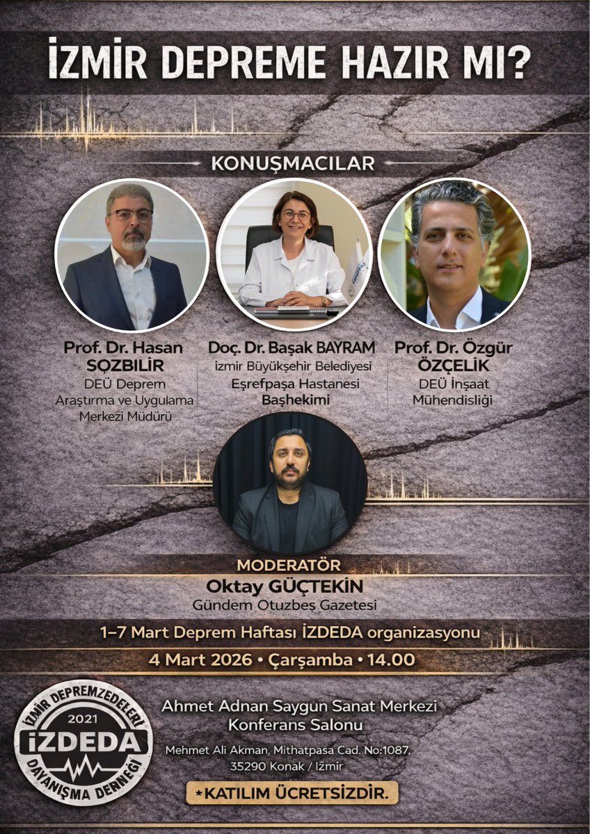 haydarozkan90's tweet photo. “YA BİR YOL BULACAĞIZ, YA BİR YOL AÇACAĞIZ.”

1–7 MART DEPREM HAFTASI
İZMİR DEPREME HAZIR MI?

Deprem bir ihtimal değil, bir gerçektir.
Soru şu: Biz hazır mıyız?

1–7 Mart Deprem Haftası boyunca gerçekleştireceğimiz etkinliklerle bu soruyu birlikte ele alacağız.
Anmalarla hafızamızı diri tutacak, eğitimlerle bilgimizi tazeleyecek, panellerle çözüm yollarını konuşacağız.

Haftanın ana gündemi ise 4 Mart’ta gerçekleştireceğimiz konferans:

“İZMİR DEPREME HAZIR MI?”

Bu soruyu ertelemeden, korkmadan ve sorumluluktan kaçmadan konuşmak zorundayız.
Çünkü unutursak kaybederiz, hazırlanırsak güçleniriz.

Biz mücadelemize “Ya bir yol bulacağız, ya bir yol açacağız” diyerek başladık.
Ve kendimize “Günebakanlar” dedik.

Günebakan;
Güneşi gördüğünde ondan güç alan,
Güneş olmadığında ise birbirinden güç alan demektir.

Deprem gerçeği karşısında da yapmamız gereken budur:
Koşullar ne olursa olsun yönümüzü güvenli bir geleceğe çevirmek ve dayanışmadan güç almak.

İzmir’den Türkiye’ye net bir mesaj vermek istiyoruz:
Hazırlık bir tercih değil, sorumluluktur.

Bu önemli haftada sizleri de aramızda görmek istiyoruz.
#Deprem #İzmireKulakVerin 
#Depremhaftası
@izdeda