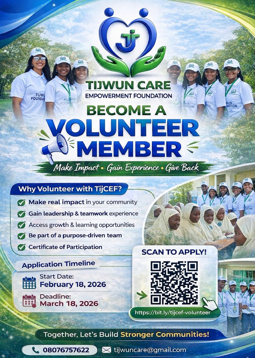 tijcef's tweet photo. Volunteer Membership Opportunity | TijCEF

Application Timeline
📅 Applications Open: 18 February 2026
📅 Deadline: 18 March 2026

🔗 Apply here: https://t.co/V1DyGUTYMd

#TijCEF #VolunteerOpportunity #CommunityDevelopment #YouthLeadership #SocialImpact #Nigeria https://t.co/Qd7trAmxFc