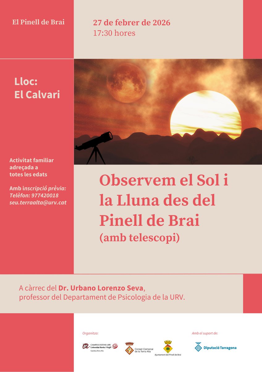 🤩 Us agradaria observar el sol i la lluna amb telescopi? Seran els dos protagonistes de l'eclipsi solar del proper 12 d'agost!

🔭 Us hi esperem el 27 de febrer al Pinell de Brai! 

#TerresdelEbre