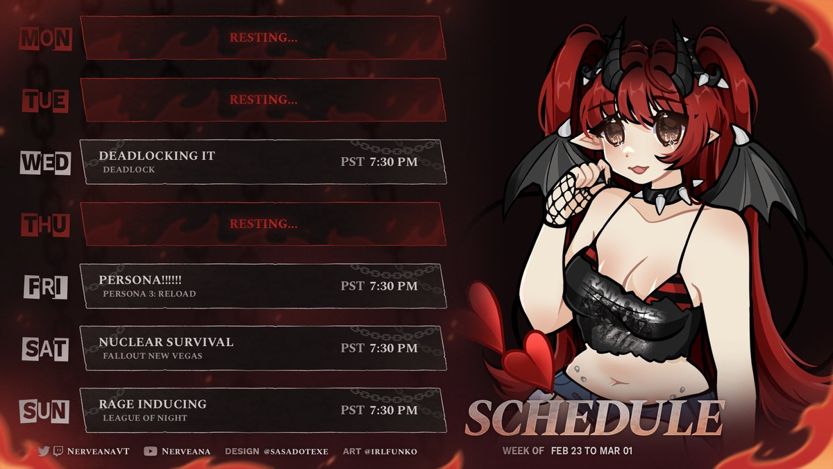 🖤🩸SCHEDULE FOR FEB 23 TO MAR 01🩸🖤

I'm gonna be gone this weekend cause I'll be out of town! I'll see you guys on Wednesday!! Love y'all!