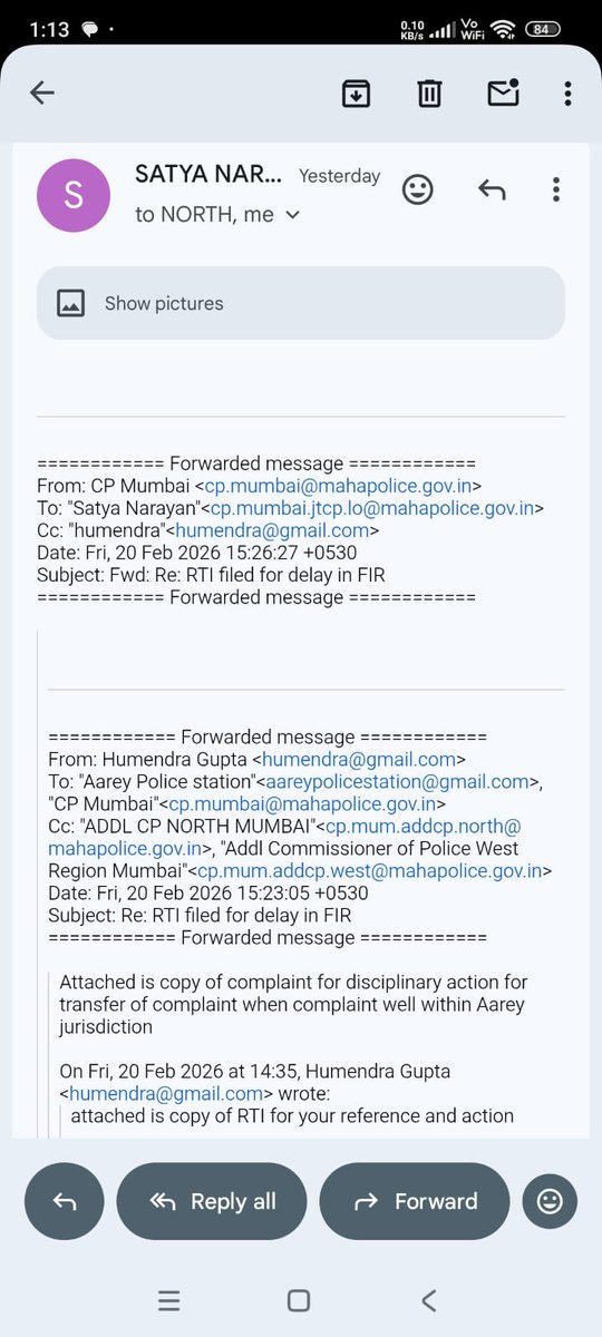 humendra's tweet photo. @AddlCPNorthMum See email sent by CP and ACP for your action. Aarey SI not filing FIR on my complaint also trying to say it is transferred to Nirmal nagar police station when it is all in his jurisdiction property as well as who complaint against  Kindly ensure FIR filed urgently https://t.co/2FLFyOJZEn