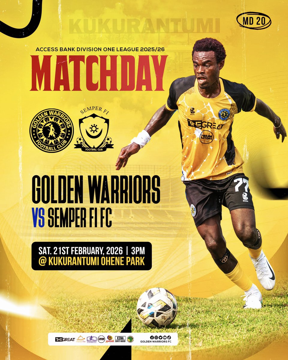 IT’s ᗰᗩᎢᑕᕼᗞᗩᎩ 

The Warriors welcome Semper FI FC to Kukurantumi this afternoon. 90 minutes. One mission. Victory 🔵🟡⚫️

#goldenwarriors #gwfc #warriorspirit