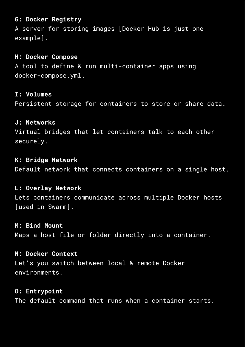 connectedaeroo's tweet photo. 𝗘𝘀𝘀𝗲𝗻𝘁𝗶𝗮𝗹 𝗗𝗼𝗰𝗸𝗲𝗿 𝗖𝗼𝗻𝗰𝗲𝗽𝘁𝘀 𝗳𝗼𝗿 𝗕𝗲𝗴𝗶𝗻𝗻𝗲𝗿𝘀 👀

This is a simplified breakdown of the core components used in the Docker ecosystem. It explains each building block, so you can understand how Docker works from the ground up.

Read More \/ https://t.co/zCXMDhQiIS