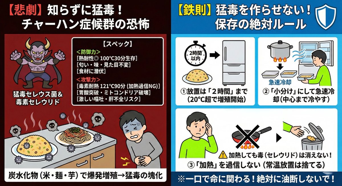 taka_home119's tweet photo. 【チャーハン症候群を知らない人へ】
あまり知られていませんが、原因は『セレウス菌』のせいです。実はコレ、チート級のスペックを持っているので、マジで気を付けてください！まさにラスボス級の強さ。ポケモンだったらバグらせてでも捕まえたい。救命士が伝える、"猛毒セレウス菌を防ぐ鉄則"は↓

【猛毒セレウス菌：スペック】
・防御力
熱を感知すると最強の殻（芽胞）にこもる
熱耐性◎（100℃で30分加熱しても生き残る）
匂いや味、見た目が一切変わらない
最初から食材の中に潜んでいる

・攻撃力
本体より熱耐性の強い毒素を生み出す（121℃で90分加熱に耐えられる）
酸や酵素に強い（胃を突破する）
ミトコンドリアを破壊する
症状が出るまでが異常に早い
激しい吐き気・嘔吐・腹痛・下痢・全身の倦怠感
肝臓へのダメージが深刻（劇症肝不全で命を落とす危険あり）

【そもそもチャーハン症候群とは？】
炊いたご飯や茹でた麺を常温で放置することで、セレウス菌が爆発的に増え、猛毒『セレウリド』を作り出す食中毒のことです。

少しの菌なら問題ありませんが、常温放置で菌の数が一定数を超えると、食品は一気に「猛毒の塊」へ変わります。最大の問題は、「菌は殺せても、猛毒（セレウリド）は消せない」という点です。運が悪いと一口食べた瞬間に、そのまま劇症肝不全へ進行するケースもあり、世界中で警戒されています。

【チャーハン以外の危険な食べ物】
パスタ、焼きそば、うどん（麺類全般）
オムライス、ピラフ、おにぎり（米類）
ポテトサラダ、マッシュポテト（芋類）
カレー、シチュー（特に翌日の作り置き）

炭水化物（デンプン）が多い料理は、セレウス菌にとって最高の栄養源です。特に大鍋で作り、キッチンで一晩寝かせるのは、セレウス菌に10万個以上の軍隊を作らせ、猛毒セレウリドを量産させる危険行為です。

【毒素を作らせないための保存の鉄則】

・「放置は2時間」まで
調理後、すぐに食べない分は2時間以内に冷蔵庫へ。菌は20℃を超えると一気に増殖スピードを上げ、毒素を作り始めます。

・「小分け」にして急速冷却
大きな容器のまま冷蔵庫に入れても、中心部はなかなか冷えません。平らな容器に薄く広げて、菌が毒素を作る隙を与えず、一気に温度を下げるのがコツです。

・「加熱」を過信しない
一晩出しっぱなしにしたけど、よく炒めたから大丈夫。は猛毒（セレウリド）には通用しません。10万個以上に増えた菌が作った毒は、火を通しても消えません。迷わず捨てる。その一口に命を懸けないでください。

これからも「もしも」の後悔をなくすために、救命や防災の情報を毎日発信していきます。 引き続きどうぞよろしくお願いいたします。
 ⇒ @taka_home119
