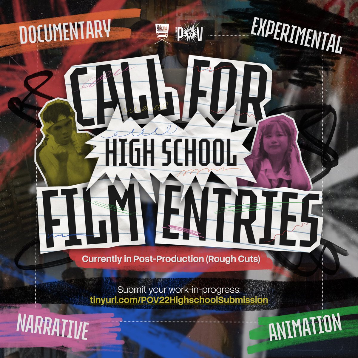 UPCinemaPOV's tweet photo. PSA TO ALL HIGH SCHOOL STUDENT FILMMAKERS! 📢❗️

We’re looking for high school students with works in progress who want to refine their films through our post-production lab. Selected finalists will premiere at POV XXII this May. https://t.co/76ia9gAIkC