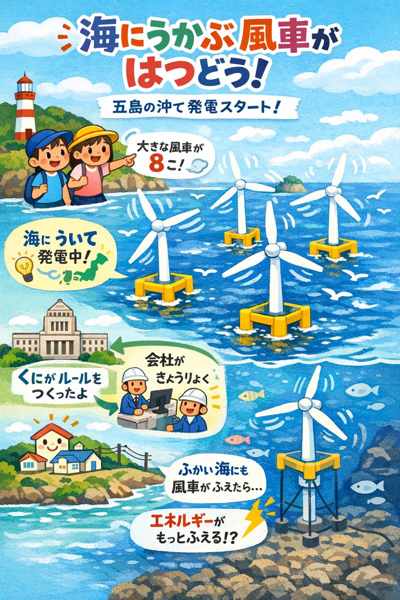 39santaisen's tweet photo. 🌈小学生にも分かるニュース🌈

海に浮かべる風力発電、国内初の商用運転開始　再エネ拡大へ知見蓄積

海に浮かぶ巨大風車8つが長崎・五島の沖で電気を作り始めたよ💨🌊  

国がルールを作って企業が協力。島の電気をたくさんまかなえる！  
深い海にも風車が増えたら、日本のエネルギー変わるかも⚡ https://t.co/mSf247VFRj