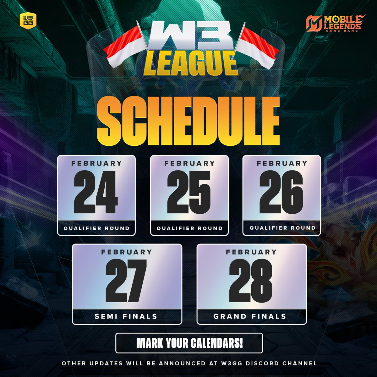 ⏰ Yellow Hearts, mark your calendars! W3LEAGUE Indonesia is almost here.

Check the full schedule so you don’t miss any <a href="/MobileLegendsOL/">Mobile Legends: Bang Bang</a> battles. See which teams rise to glory, battling for a share of the Rp 2,750,000 prize pool and a spot in Global W3League.

Want live updates,