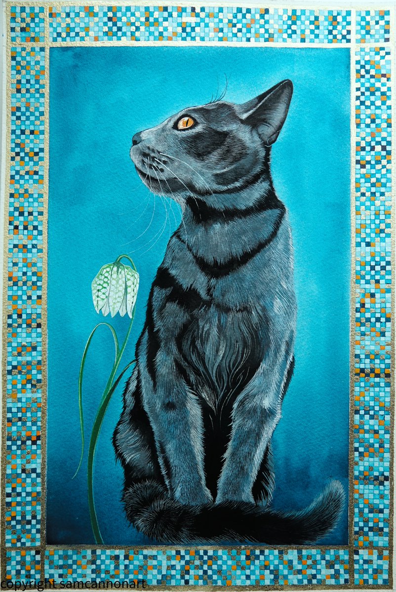 A caturday picture. With mosaic and fritillaria. 
This was such a hard picture to paint - not the cat but the border. 
Inspired by Egyptian art and Egyptian colours. 
A bugger to photograph. Never did get a copy that did the original justice. 
I really hope you like it.
