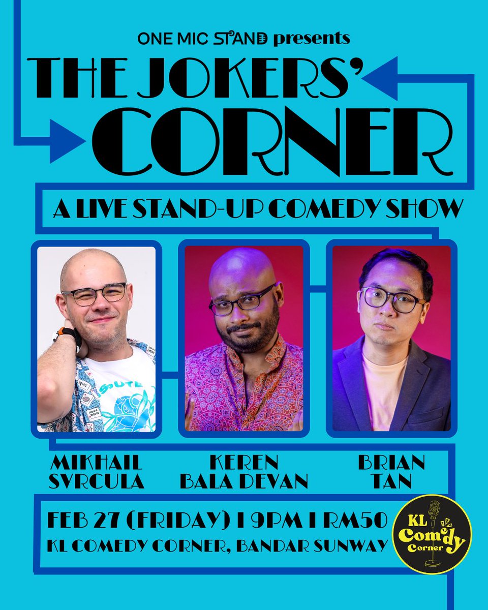 1_MicStand's tweet photo. HAPPY CNY &amp; SALAM RAMADAN everyone! Already suffering from post-festive blues? Come relive the excitement in our 100% pure comedy show THE JOKERS' CORNER featuring a triple-headliner lineup with @KerenBDT, @briantanlive and @Mikhail_Svrcula
Book now!
https://t.co/K0QMiSDeJ1 https://t.co/m6dIJ9T3Gw