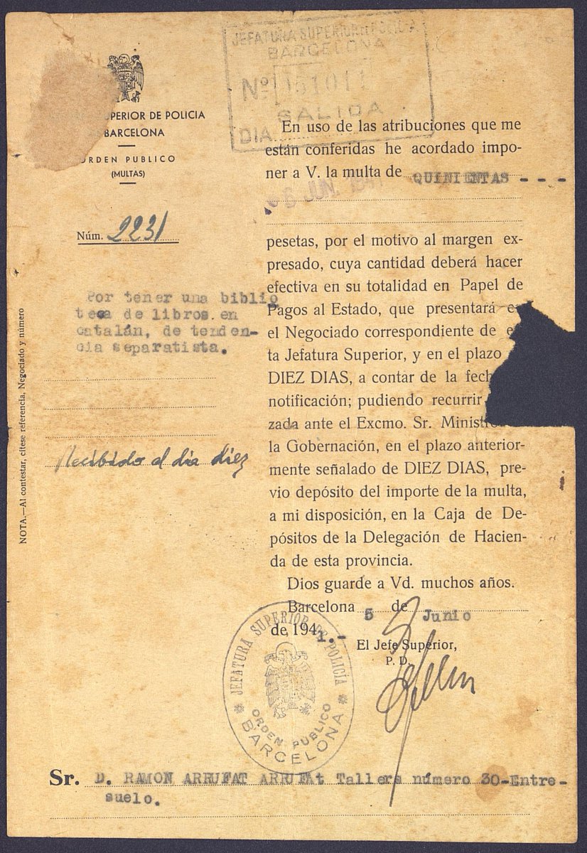 #DiaMundialLlenguaMaterna 👅 | Els arxius conservem la memòria de la persecució de la llengua catalana 💬

✖️ Multa a Ramon Arrufat i Arrufat per posseir una ‘biblioteca de llibres en català, de tendència separatista’ (1941)  📚  

👉 arxiusenlinia.cultura.gencat.cat/#/cercaavancad…