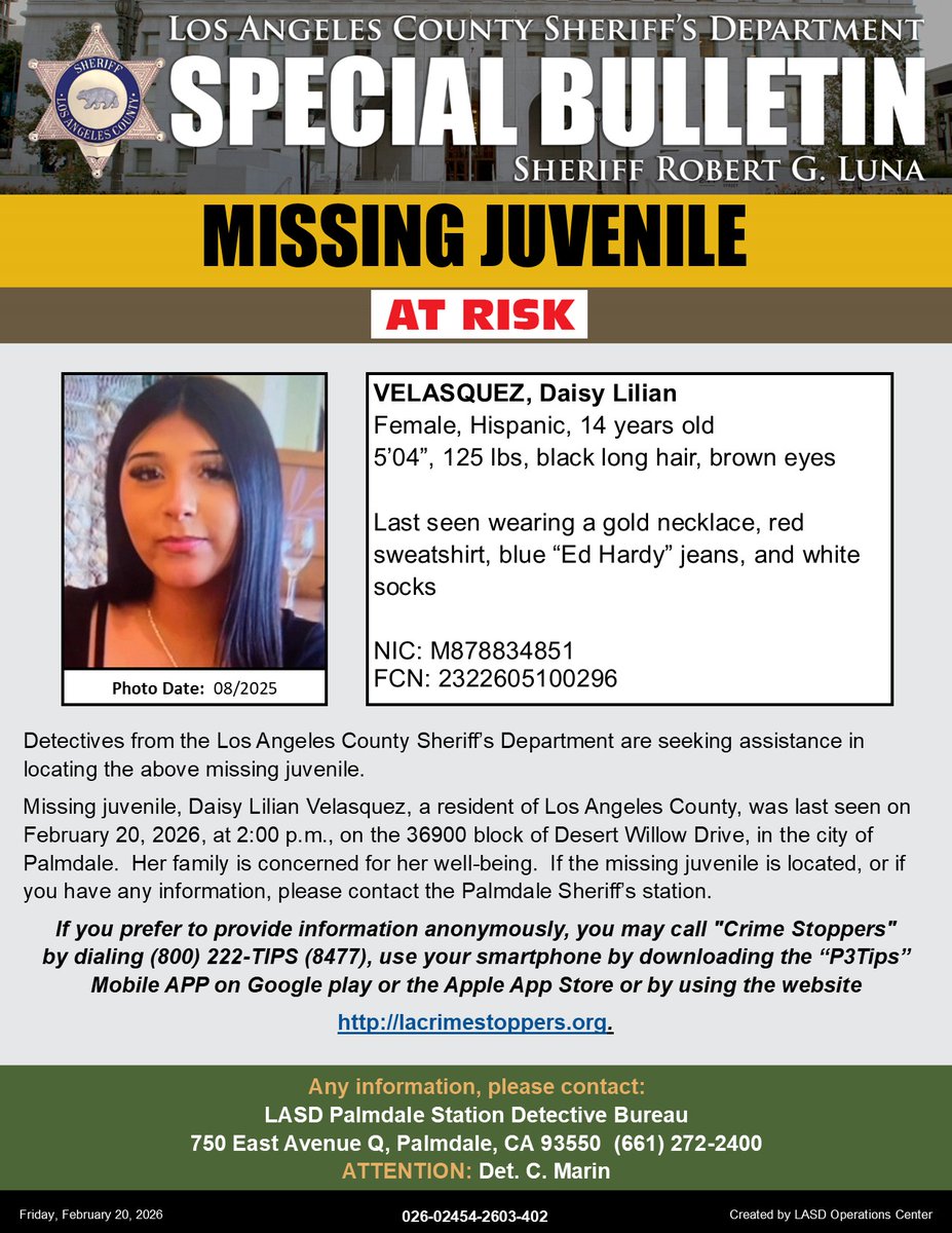 #LASD is Asking for the Public’s Help Locating At-Risk Missing Juvenile, Daisy Lilian Velasquez #Palmdale 

local.nixle.com/alert/12208871