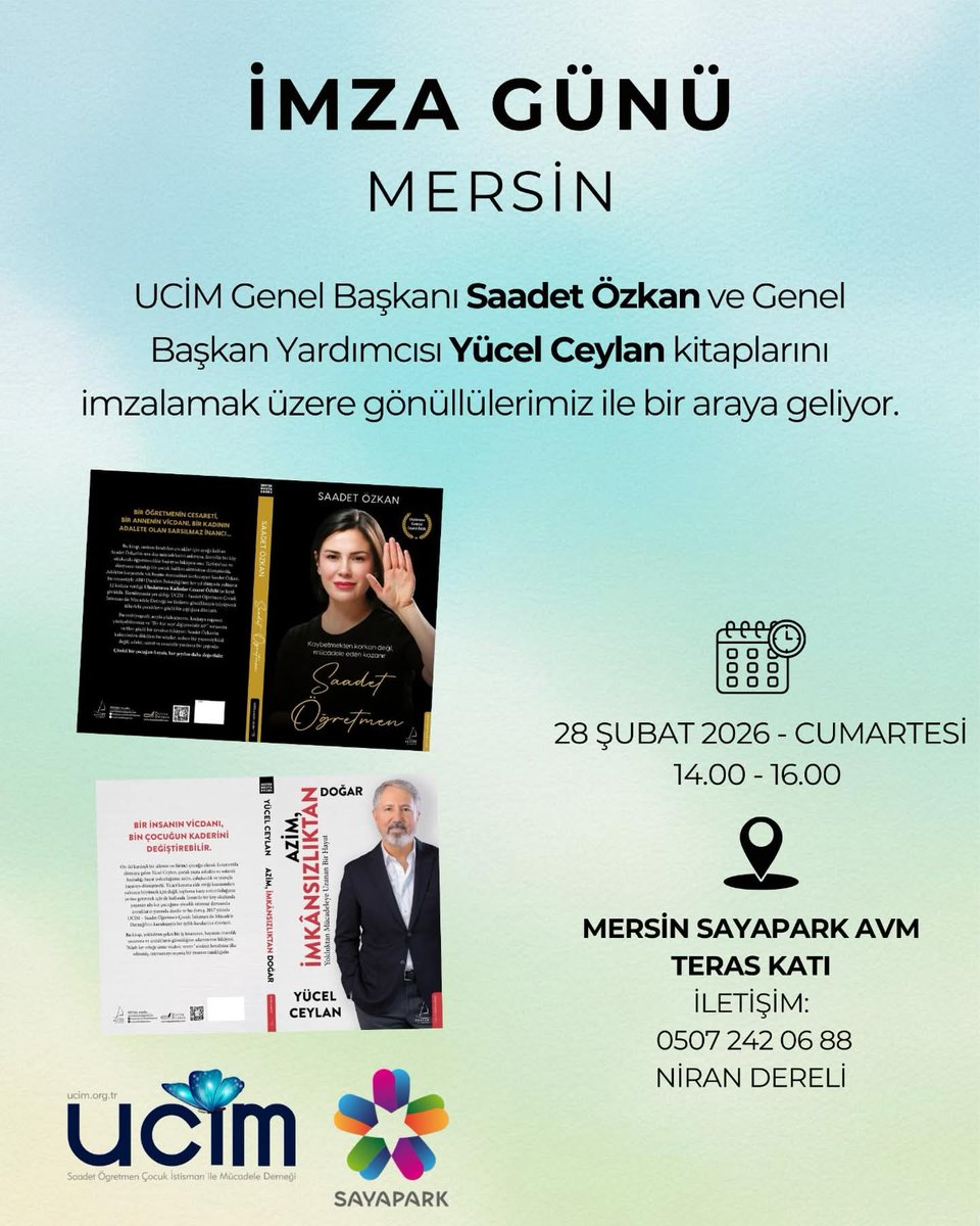 ucimorgtr's tweet photo. 📚✍️ İMZA GÜNÜ – UCİM MERSİN

UCİM Genel Başkanı Saadet Özkan ve Genel Başkan Yardımcısı Yücel Ceylan, kitaplarını imzalamak üzere gönüllülerimizle bir araya geliyor.

🗓 28 Şubat 2026, Cumartesi
🕒 14.00 -16.00
📍 UCİM Mersin Genel Merkez

Bu anlamlı buluşmada sizleri de aramızda görmekten mutluluk duyarız.

@SaadetOzkanEfe 
@yucelceylancom