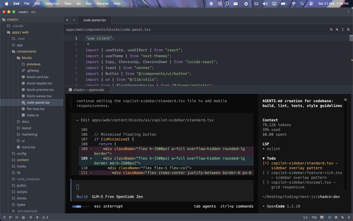 8bitxShinobi's tweet photo. zed + opencode with GLM 5. Didn't  had much expectations, but surprisingly, results were very good, https://t.co/cUp1G43uB0