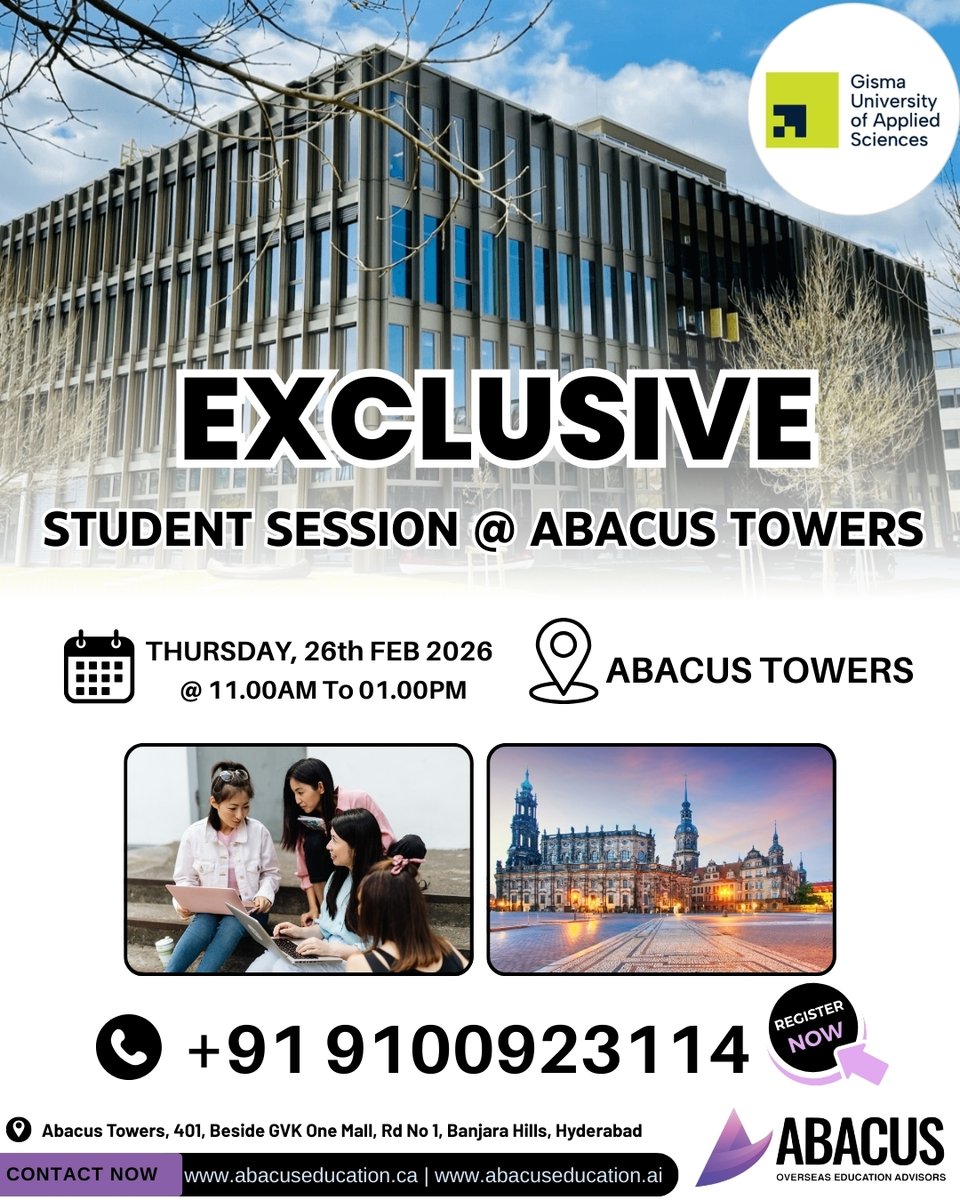 abacus_groups's tweet image. 🎓 EXCLUSIVE STUDENT SESSION @ ABACUS TOWERS 🎓Dreaming of studying in Germany? 🇩🇪
Don’t miss this exclusive session with Gisma University of Applied Sciences!🗓 Thursday, 26th Feb 2026
⏰ 11:00 AM – 01:00 PM
📍 Abacus Towers, Banjara Hills, Hyderabad✨ Get insights on:
✔️