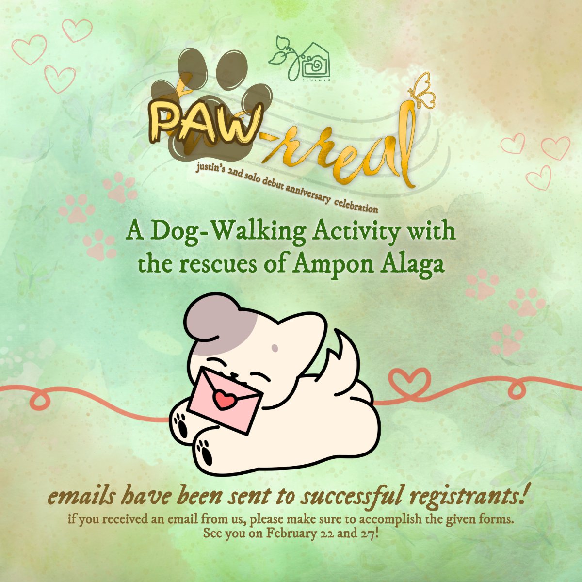 Confirmation emails have been sent to the successful registrants of our PAW-rreal: Dog-Walking Activity! 🐕‍🦺🚶🏻‍♀️ 

We also added everyone to a Telegram gc so please make sure to check it for updates. 😄 We can't wait to meet you and bond with you as we spend time with the rescue