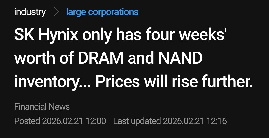 $MU $EWY Memory Bottleneck Is Getting Wild 🤯

"SK Hynix only has four weeks' worth of DRAM and NAND inventory. Prices will rise further."

“The industry-wide cleanroom space shortage is exacerbating supply constraints and creating an environment favorable for price increases"