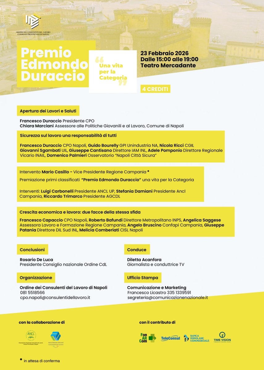 Premio Edmondo Duraccio “Una Vita per la Categoria” - Ricordo e indicazioni
🥇Siamo pronti per il grande evento annuale dedicato ai Consulenti del Lavoro.
Vi aspettiamo numerosi per celebrare insieme questa importante occasione. 👇
ordinecdlna.it/premio-edmondo…