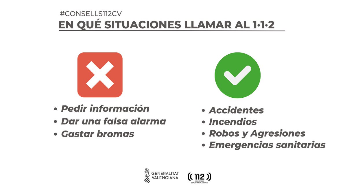 📲 El 1·1·2 alerta a los organismos que forman parte del sistema de seguridad y emergencias de la Comunitat Valenciana.

❌No es un teléfono de información.

🚨Si llamas con falsas alarmas o para hacer una broma, restas recursos para aquellas personas que si necesitan atención.